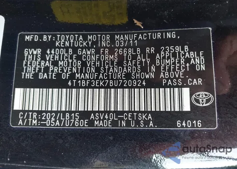 2011 Toyota Camry Se from USA, damaged, VIN 4T1BF3EK7BU720924
